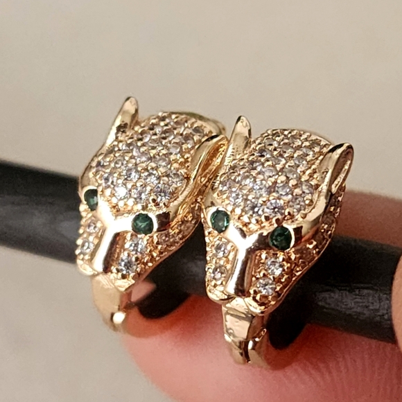 Small Gold Stainless Steel Leopard Huggie Hoop Earrings with CZ Stones - Picture 1 of 7